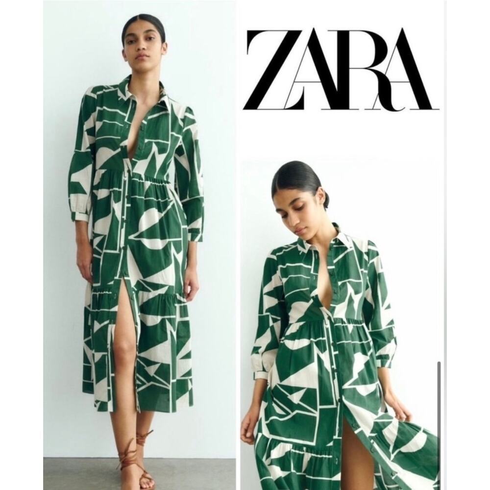 Zara Green Cream Abstract Print Midi Shirt Dress Flowy Medium Resort Vacation